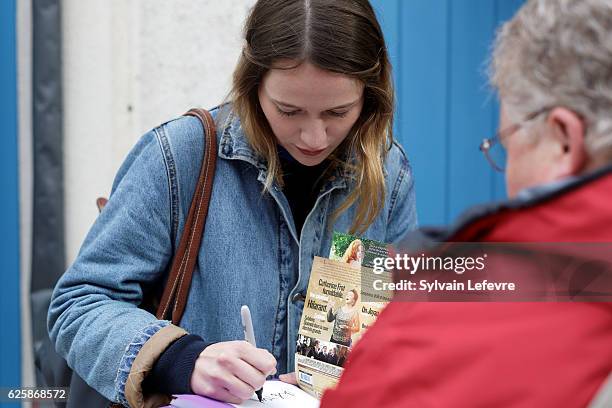 French actress and jury member Victoria Olloqui meets fans before screening during Russian Film Festival on November 26, 2016 in Honfleur, France