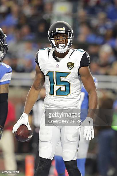 Allen Robinson of the Jacksonville Jaguars celebrates his touchdown against the Detroit Lions at Ford Field on November 20, 2016 in Detroit,...