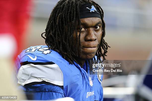 Ezekiel Ansah of the Detroit Lions on the sidelines during the game against the Jacksonville Jaguars at Ford Field on November 20, 2016 in Detroit,...