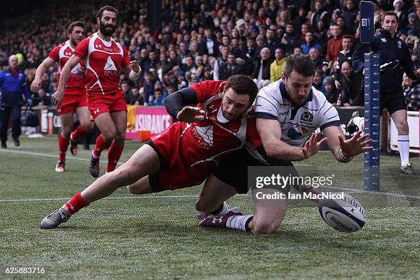 Tommy Seymour of Scotland scores his team's first try during the Autumn Test Match between Scotland and Georgia at Rugby Park on November 26, 2016 in...