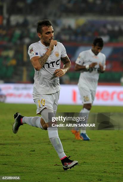 NorthEast United FC's MIdfielder Nicolas Velez celebrates after scoring a goal against Chennaiyin FC's during the Indian Super League football match...