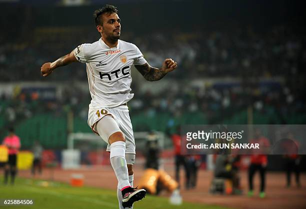 NorthEast United FC's MIdfielder Nicolas Velez celebrates after scoring a goal against Chennaiyin FC's during the Indian Super League football match...