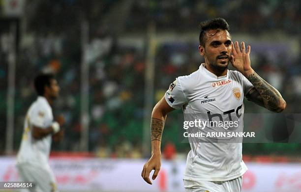 NorthEast United FC's MIdfielder Nicolas Velez celebrates after scoring a goal against Chennaiyin FC's during the Indian Super League football match...