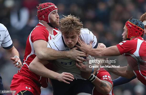 Richie Gray of Scotland is tackled by Beka Bitsadze of Georgia during the Autumn Test Match between Scotland and Georgia at Rugby Park on November...