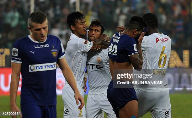 NorthEast United FC's MIdfielder Shouvik Gosh Celebrates after scoring a goal against Chennaiyin FC's during the Indian Super League football match...