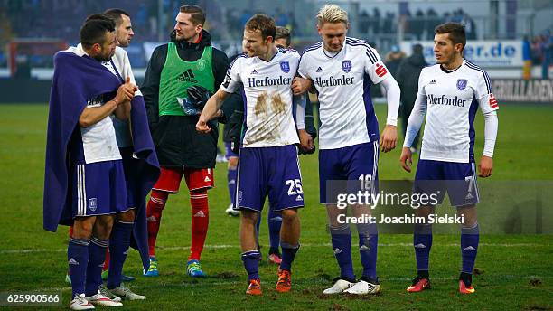 Bastian Schulz, Marius Gersbeck, Frank Lehmann, Christian Gross, Robert Kristo and Bashkim Renneke of Osnabrueck celebrate after the third league...