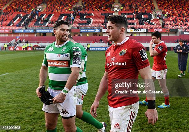 Limerick , Ireland - 26 November 2016; Ronan O'Mahony of Munster with Ian McKinley of Benetton Treviso after the Guinness PRO12 Round 9 match between...