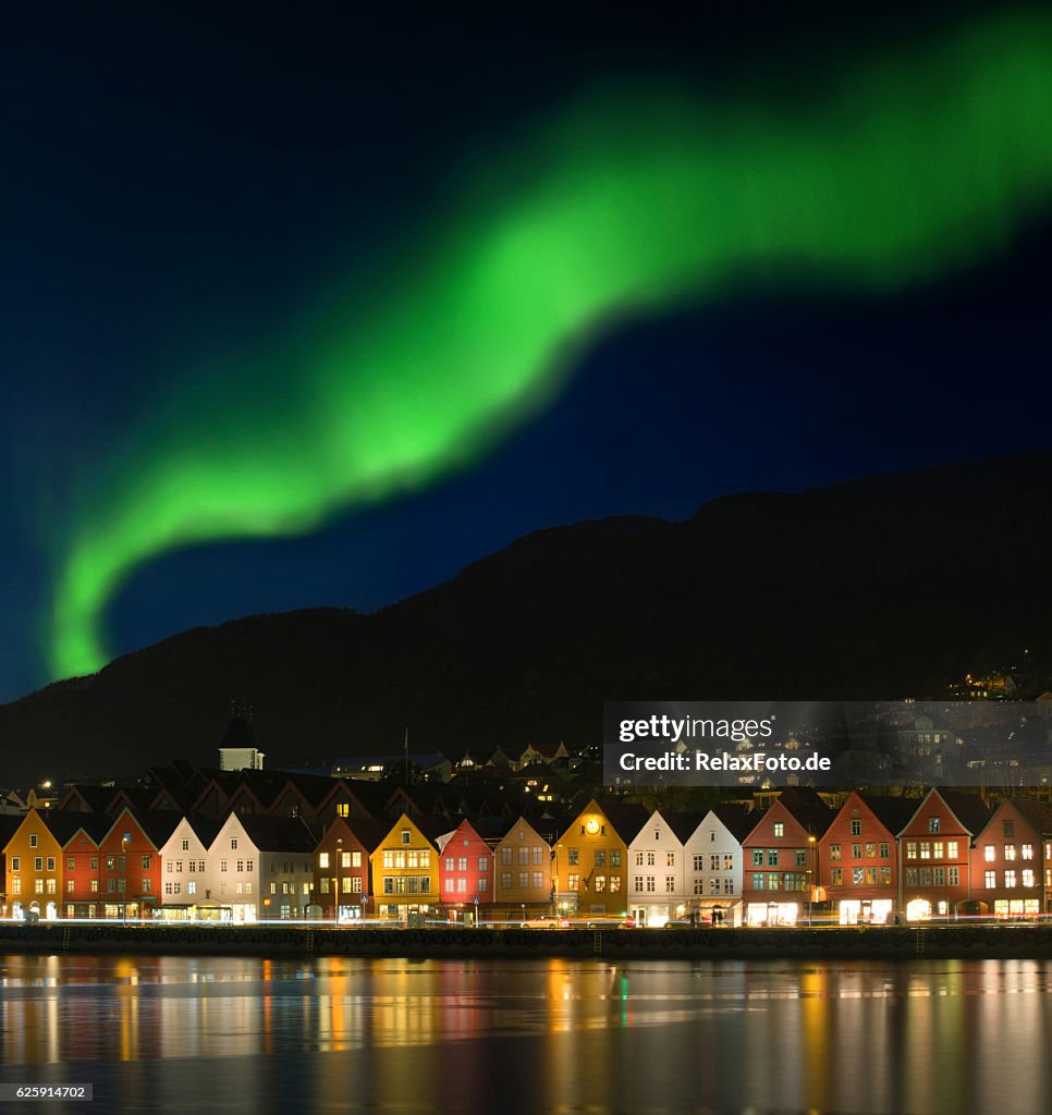 Northern lights - Aurora borealis over Bryggen in Bergen, Norway