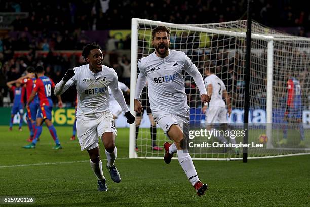 Fernando Llorente of Swansea City celebrates scoring his team's fifth goal during the Premier League match between Swansea City and Crystal Palace at...