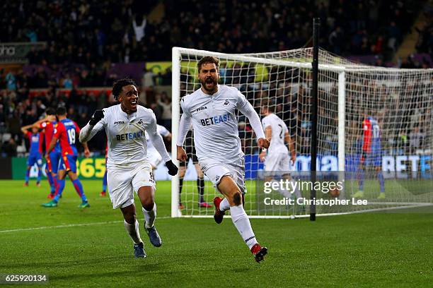 Fernando Llorente of Swansea City celebrates scoring his team's fifth goal during the Premier League match between Swansea City and Crystal Palace at...