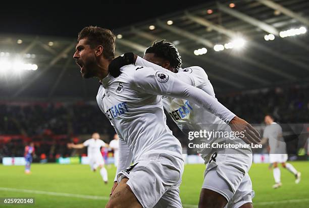 Fernando Llorente of Swansea City celebrates scoring his team's fifth goal during the Premier League match between Swansea City and Crystal Palace at...