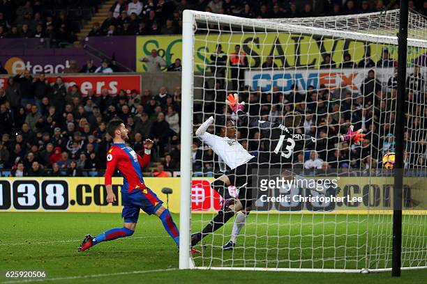 Leroy Fer of Swansea City scores his team's third goal during the Premier League match between Swansea City and Crystal Palace at Liberty Stadium on...