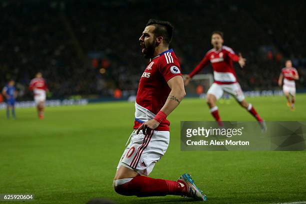 Alvaro Negredo of Middlesbrough celebrates scoring his team's second goal during the Premier League match between Leicester City and Middlesbrough at...