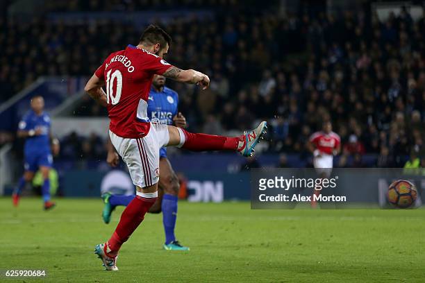 Alvaro Negredo of Middlesbrough scores his team's second goal during the Premier League match between Leicester City and Middlesbrough at The King...