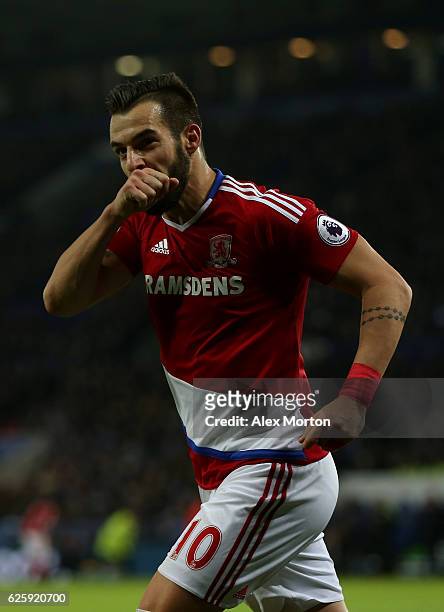 Alvaro Negredo of Middlesbrough celebrates scoring his team's second goal during the Premier League match between Leicester City and Middlesbrough at...
