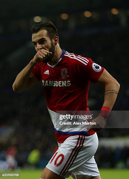 Alvaro Negredo of Middlesbrough celebrates scoring his team's second goal during the Premier League match between Leicester City and Middlesbrough at...