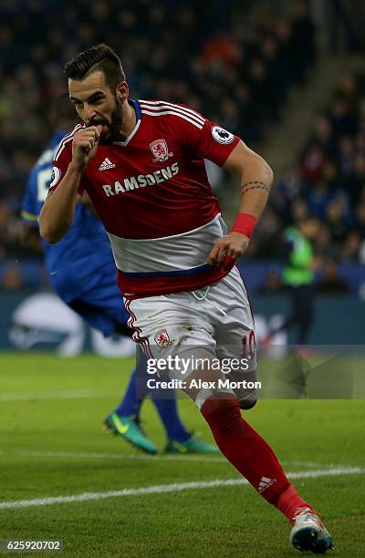 Alvaro Negredo of Middlesbrough celebrates scoring his team's second goal during the Premier League match between Leicester City and Middlesbrough at...