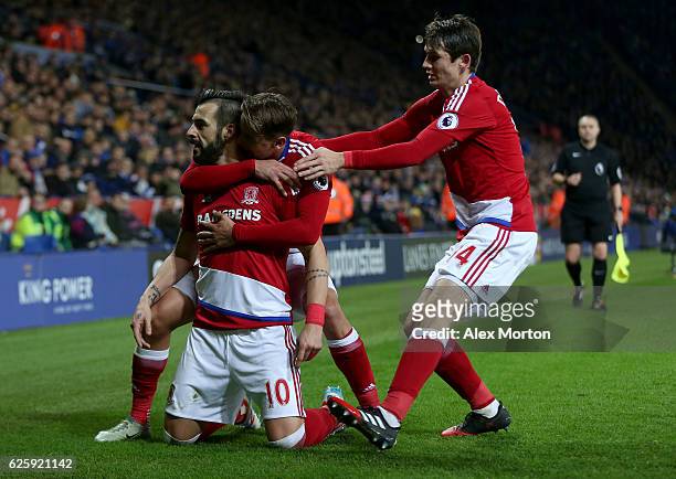 Alvaro Negredo of Middlesbrough celebrates scoring his team's second goal with his team mates Gaston Ramirez and Marten de Roon during the Premier...