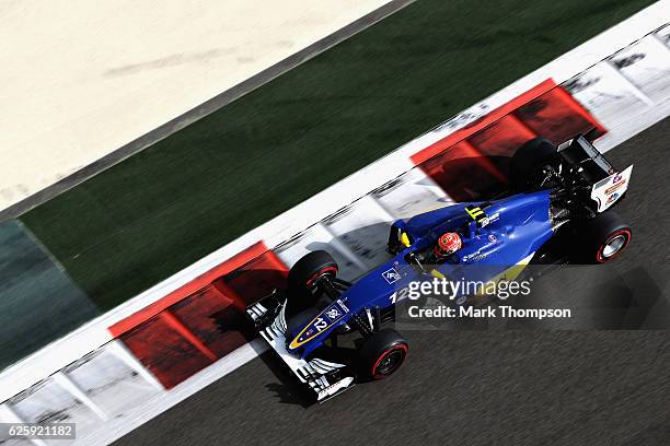 Felipe Nasr of Brazil driving the Sauber F1 Team Sauber C35 Ferrari 059/5 turbo on track during final practice for the Abu Dhabi Formula One Grand...