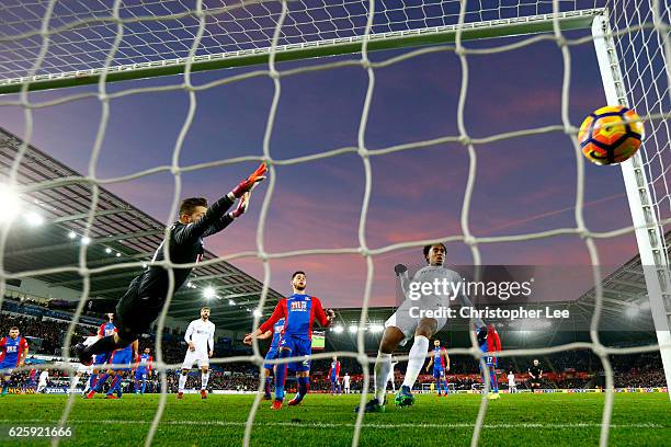 Leroy Fer of Swansea City scores his team's third goal during the Premier League match between Swansea City and Crystal Palace at Liberty Stadium on...