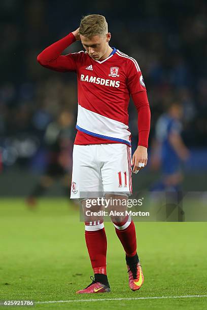 Viktor Fischer of Middlesbrough shows his dejection after the 2-2 draw in the Premier League match between Leicester City and Middlesbrough at The...