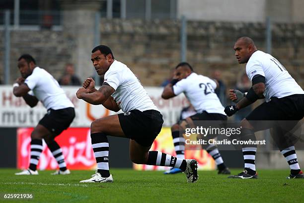 Fiji's Akapusi Qera leads the team in their haka during the International match between Japan and Fiji at Stade de la Rabine on November 26, 2016 in...