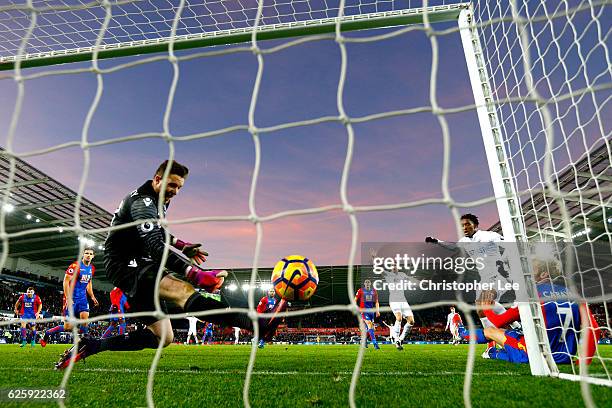 Leroy Fer of Swansea City scores his team's second goal during the Premier League match between Swansea City and Crystal Palace at Liberty Stadium on...