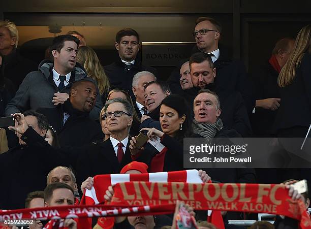 Steven Gerrard Looks on as the liverpool owener John W Henry Watches the game during the Premier League match between Liverpool and Sunderland at...