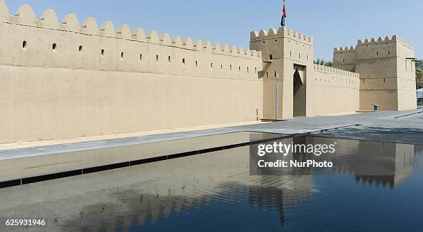 General view of the wall of Qasr Al Muwaiji Fort, the birth place and the residence of the late Sheikh Zayed bin Sultan Al Nahyan, Father of the...