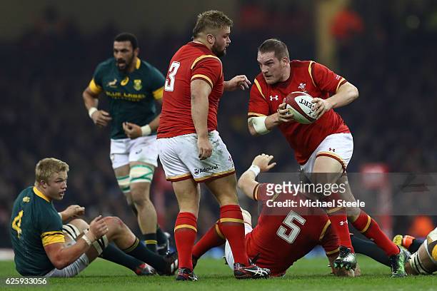 Gethin Jenkins of Wales runs with the ball during the international match between Wales and South Africa at Principality Stadium on November 26, 2016...