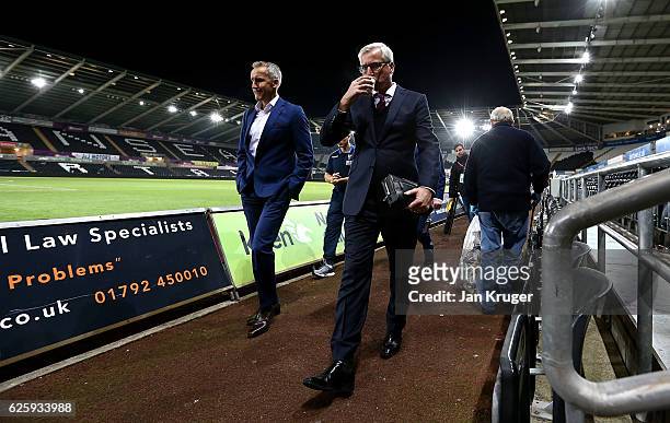 Alan Pardew, manager of Crystal Palace leaves the stadium after the final whistle during the Premier League match between Swansea City and Crystal...