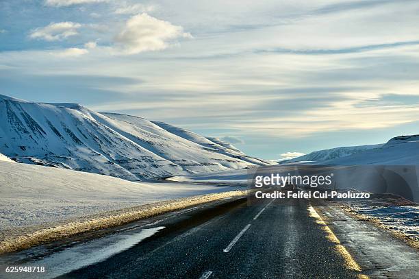 winter road near akureyri of northern region in iceland - akureyri iceland stock-fotos und bilder