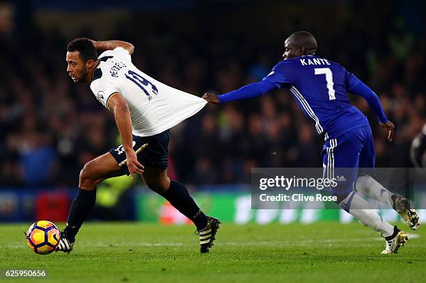 Mousa Dembele of Tottenham Hotspur and N'Golo Kante of Chelsea compete for the ball during the Premier League match between Chelsea and Tottenham...