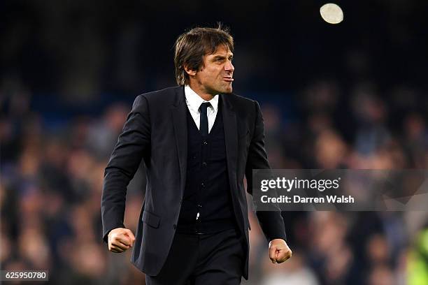 Antonio Conte, Manager of Chelsea celebrates after his team's 2-1 win in the Premier League match between Chelsea and Tottenham Hotspur at Stamford...