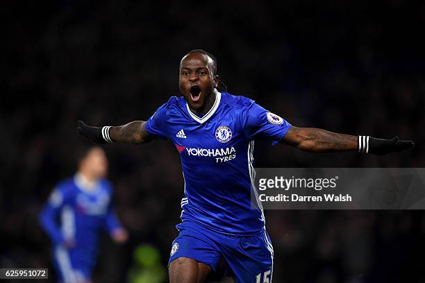 Victor Moses of Chelsea celebrates scoring his team's second goal during the Premier League match between Chelsea and Tottenham Hotspur at Stamford...