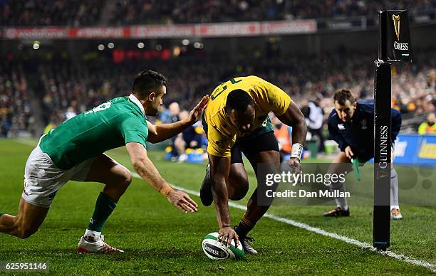 Tevita Kuridrani of Australia scores his side's second try during the international match between Ireland and Australia at the Aviva Stadium on...