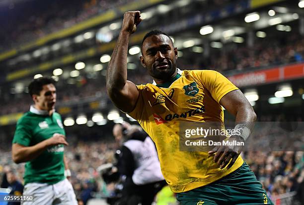 Tevita Kuridrani of Australia celebrates scoreing his side's second try during the international match between Ireland and Australia at the Aviva...