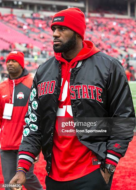 Cleveland Cavaliers LeBron James on the filed before the game against the Michigan Wolverines on November 26 at Ohio Stadium in Columbus, OH.