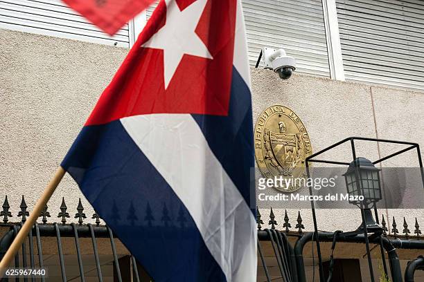 Cuban Flags waveed at the Cuban Embassy on the day that Fidel Castro died.