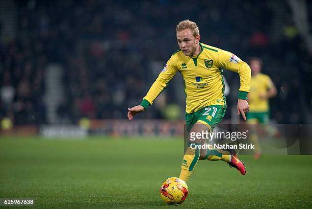 November 26: Alex Pritchard of Norwich City in action during the Sky Bet Championship match between Derby County and Norwich City at iPro Stadium on...
