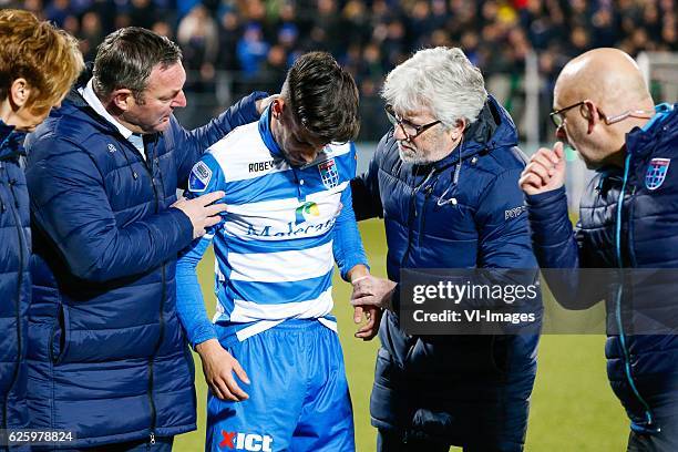 Coach Ron Jans of PEC Zwolle, injury Thanasis Karagounis of PEC Zwolle, docter Jos Lemmens of PEC Zwolle, caretaker Erwin Vloedgraven of PEC...