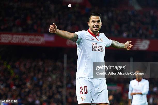Victor Machin Perez "Vitolo" celebrates after his shot is deflected by Ezequiel Garay of Valencia CF and scoring an own goal during the La Liga match...