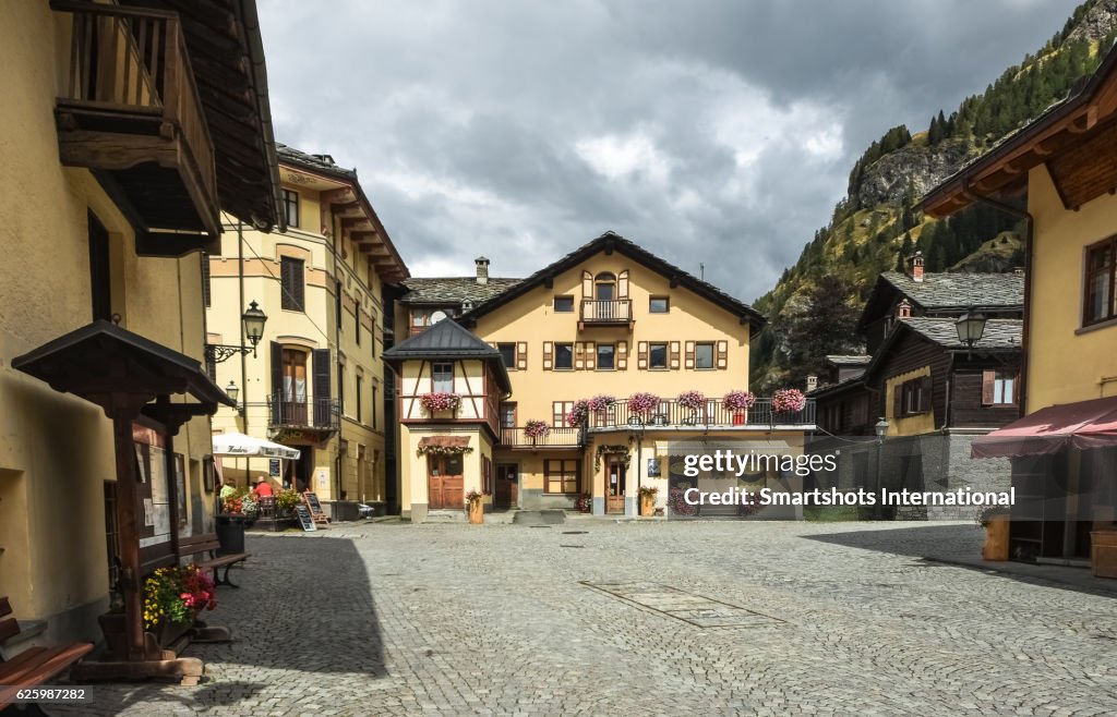 Old town square of Gressoney Saint Jean in Valle d'Aosta, Italy