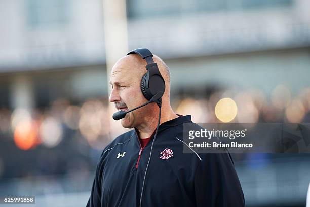 Head coach Steve Addazio of the Boston College Eagles looks on from the sidelines during the second quarter of an NCAA football game against the Wake...