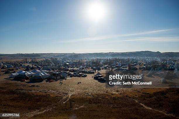 The Oceti Sakowin Camp on the Standing Rock Sioux Reservation in Canon Ball, North Dakota on November 26, 2016. The Army Corp of Engineers announced...