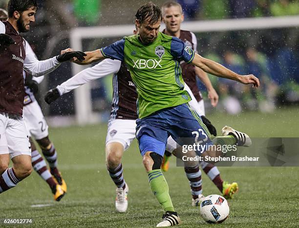 Andreas Ivanschitz of the Seattle Sounders takes a shot on goal during match against the Colorado Rapids in the first leg of the Western Conference...