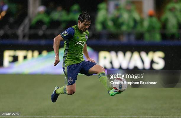 Nicolas Lodeiro of the Seattle Sounders gets control of the ball during a match against the Colorado Rapids in the first leg of the Western...