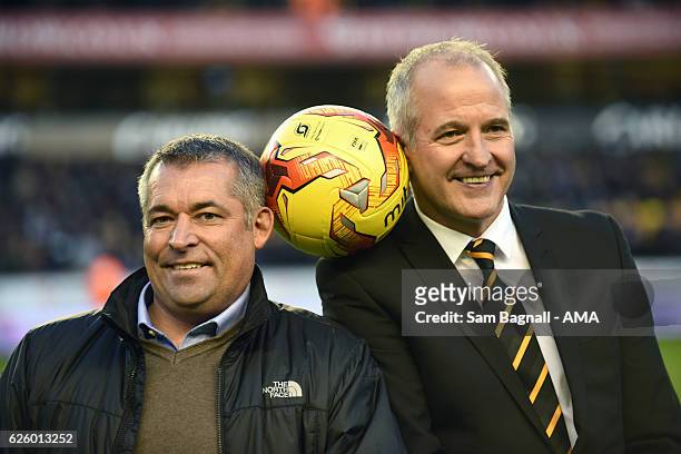 Steve Bull and Andy Thompson recreate their old Wolves image during the Sky Bet Championship match between Wolverhampton Wanderers and Sheffield...