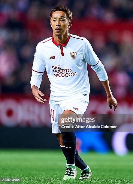 Hiroshi Kiyotake of Sevilla FC looks on during the La Liga match between Sevilla FC and Valencia CF at Estadio Ramon Sanchez Pizjuan on November 26,...