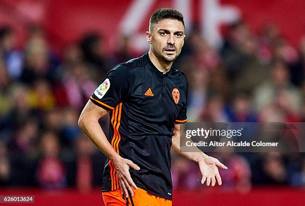Guilherme Siqueira of Valencia CF reacts during the La Liga match between Sevilla FC and Valencia CF at Estadio Ramon Sanchez Pizjuan on November 26,...